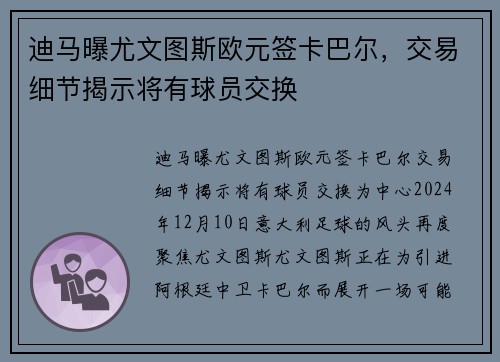 迪马曝尤文图斯欧元签卡巴尔，交易细节揭示将有球员交换