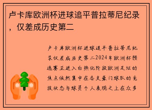 卢卡库欧洲杯进球追平普拉蒂尼纪录，仅差成历史第二