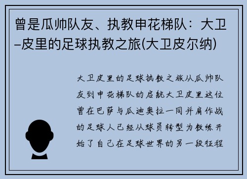 曾是瓜帅队友、执教申花梯队：大卫-皮里的足球执教之旅(大卫皮尔纳)
