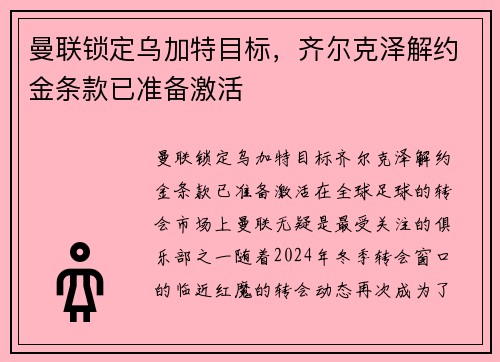 曼联锁定乌加特目标，齐尔克泽解约金条款已准备激活