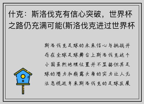 什克：斯洛伐克有信心突破，世界杯之路仍充满可能(斯洛伐克进过世界杯吗)