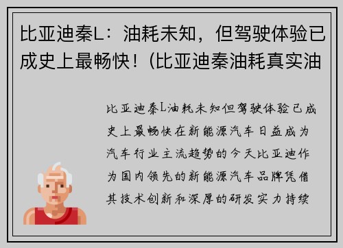 比亚迪秦L：油耗未知，但驾驶体验已成史上最畅快！(比亚迪秦油耗真实油耗报告)