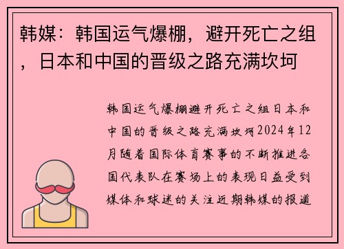 韩媒：韩国运气爆棚，避开死亡之组，日本和中国的晋级之路充满坎坷